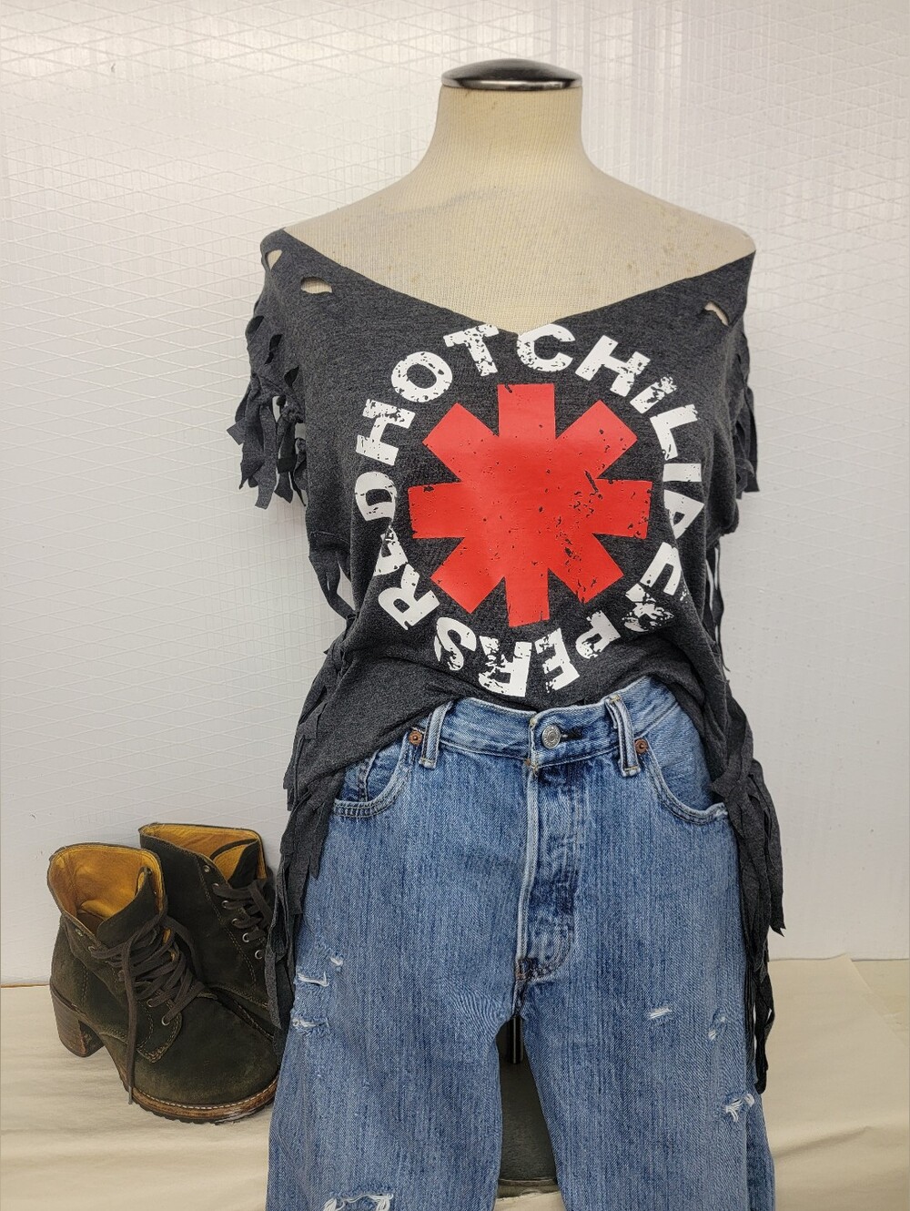 Red Hot Chili Peppers Distressed Band Tee with Fringe- Upcycled Shred